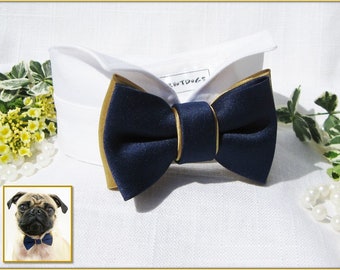 Navy Blue Dog Bow Tie~Navy&Gold Satin Bow Tie~Dog Tuxedo Collar~Wedding Dog~Dog Ring Bearer Bow Tie~Dog Formal Wear~Classic Bow Tie Style