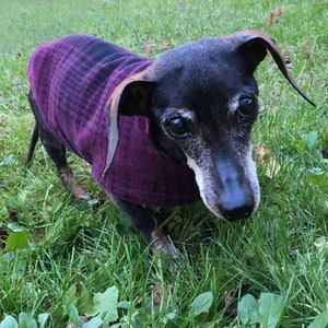 Dachshund Jacket~Reversible Fleece Dog Jacket~Plum Purple&Black Plaid Fleece Print~Double Fleece Coat~Dachshund Clothes~Fleece Dog Jacket~