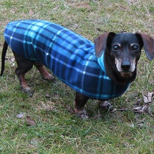 Dachshund Jacket~Reversible Fleece Dog Jacket~Turquoise Blue & Navy Blue Plaid~Double Fleece Coat~Dachshund Clothes~Fleece Dog Jacket~