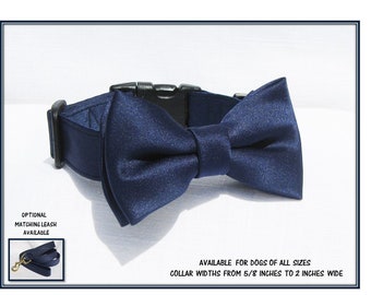 Navy Dog Bow Tie~Navy Satin Bow Tie~Wedding Dog Collar~Wedding Dog Attire~Dog Tuxedo~Blue Dog Bow Tie~Optional Matching Navy Satin Leash~