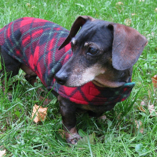 Dachshund Jacket~Red & Green Plaid Dog Jacket~Reversible Fleece Dog Coat~Dachshund Clothes~Christmas Plaid Dog Coat~