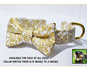 Gold Floral Bow Tie Collar~Wedding Dog Collar~Bow Tie Dog Collar~Removable Bow Tie~White Side Release Buckle~Wedding Dog Attire~Dog Wedding~