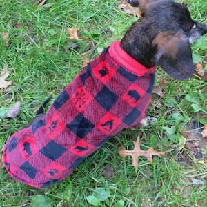 Dachshund Jacket~Red&Black Wilderness Symbol Fleece~Reversible Fleece Dog Jacket~Double Fleece Coat~Dachshund Clothes~Weiner Dog Clothes