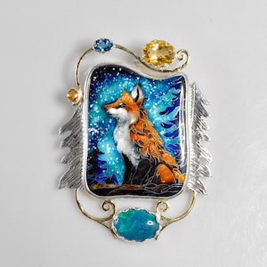 Fox in pine forest at night. Georgian cloisonne enamel. Sterling silver. Opal and birthstones. Fox lover gift. Animal jewelry.Wearable art.