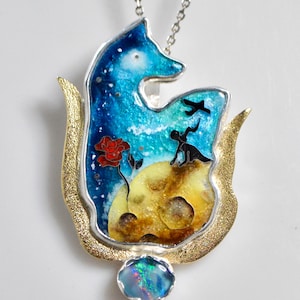 The Little Prince. Le Petit Prince. Georgian cloisonne enamel. Sterling silver. Birthstone jewelry. Gift. Fox and the prince. Exupery