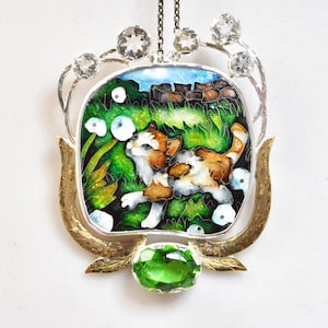 Kitten Dandelions Pendant – Georgian Cloisonné Enamel Sterling Silver beryl and clear topaz