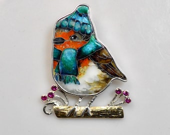 Cute bird  pendant - Georgian Cloisonne enamel and sterling silver with tourmalines