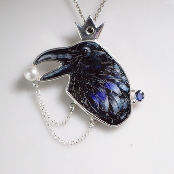 The Raven and pearl. Georgian cloisonne enamel and sterling silver pendant. Birthstone jewelry. Raven  jewelry. Raven holding white pearl