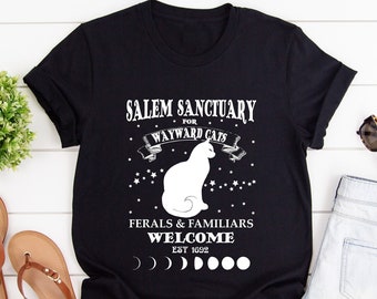 Koszula Salem Sanctuary | Salem Witch | Wayward Cats | Koszulka z kotem | Fazy księżyca | Koszulka z czarownicą | Ferals & Familiars | Koszulka graficzna | Koszulka na Halloween