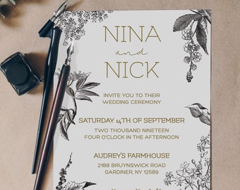 Vintage Botanical Lithograph Wedding Invitation // Customizable + Digital Download // Gold Serif Slab + Script Fonts // Modern + Elegant
