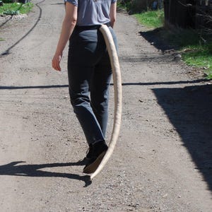 May include: A person walking down a dirt road wearing a gray t-shirt and dark pants. A long, curved, beige tail is attached to the person's back, extending down to the ground. The scene is outdoors on a sunny day.
