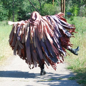 May include: A person wearing a long, flowing cape made of strips of fabric in shades of purple, brown, and beige. The cape is flowing in the wind, creating a dramatic effect. The person is standing on a path in a forest.