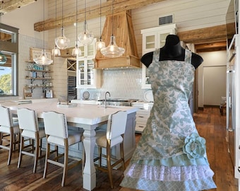 womens aprons with ruffles and lace retro apron with fabric flower and pockets teal and white vintage print aprons by kozy kitchens - Kozy Kitchen womens aprons with ruffles and lace retro apron with fabric flower and pockets teal and white vintage print aprons by kozy kitchens - Kozy Kitchen