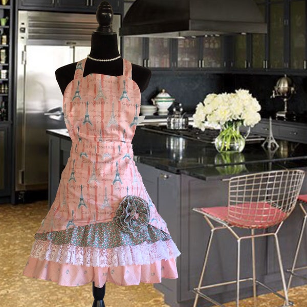 Paris themed Apron done in Coral and Blue; Apron for Women; Coral Apron with Eiffel Tower; retro Apron with Paris theme;  Vintage Apron