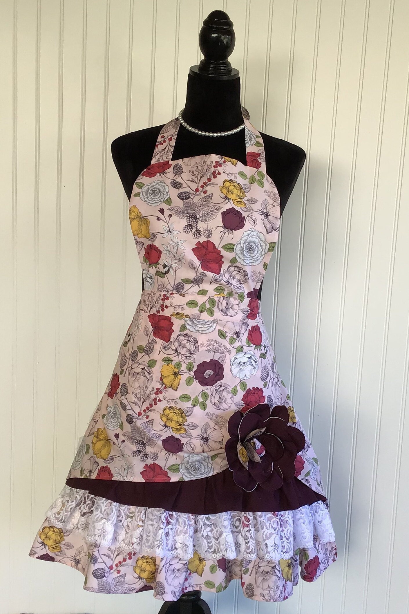 Womens Cute Retro Apron in Pink Floral Print Apron With Etsy UK