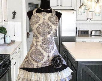 Beautiful Womens Retro Apron in black and gray; Cute Retro Kitchen Apron with Pockets; Flirty  Hostess Baking Apron; Gift for Wife;  Aprons