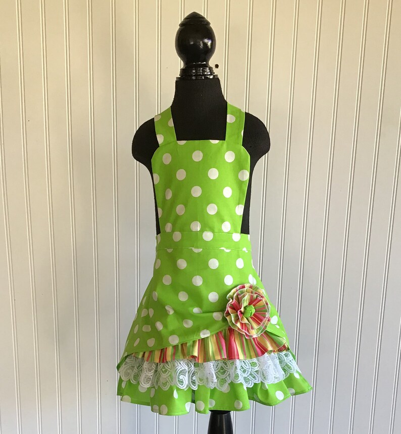 Girls Pretty Apron Apron for girls Lime green polka dot Etsy