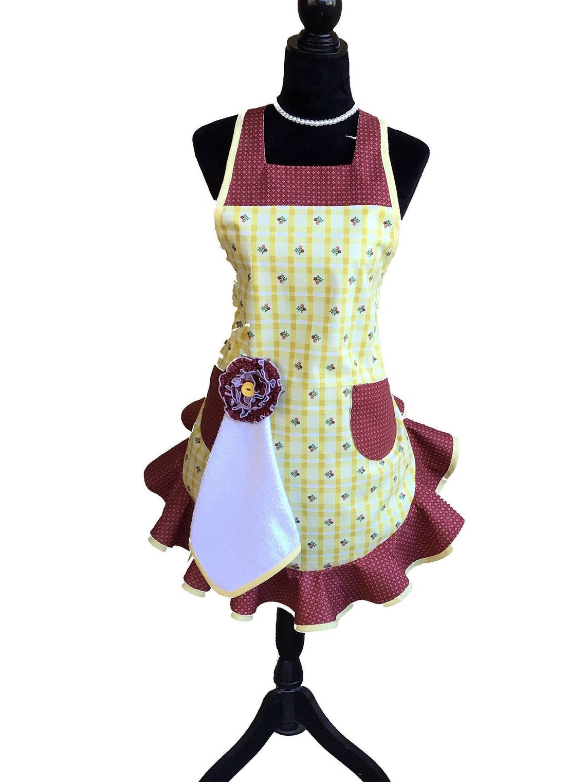Womens yellow Retro Apron with Detachable hand towels apron Etsy
