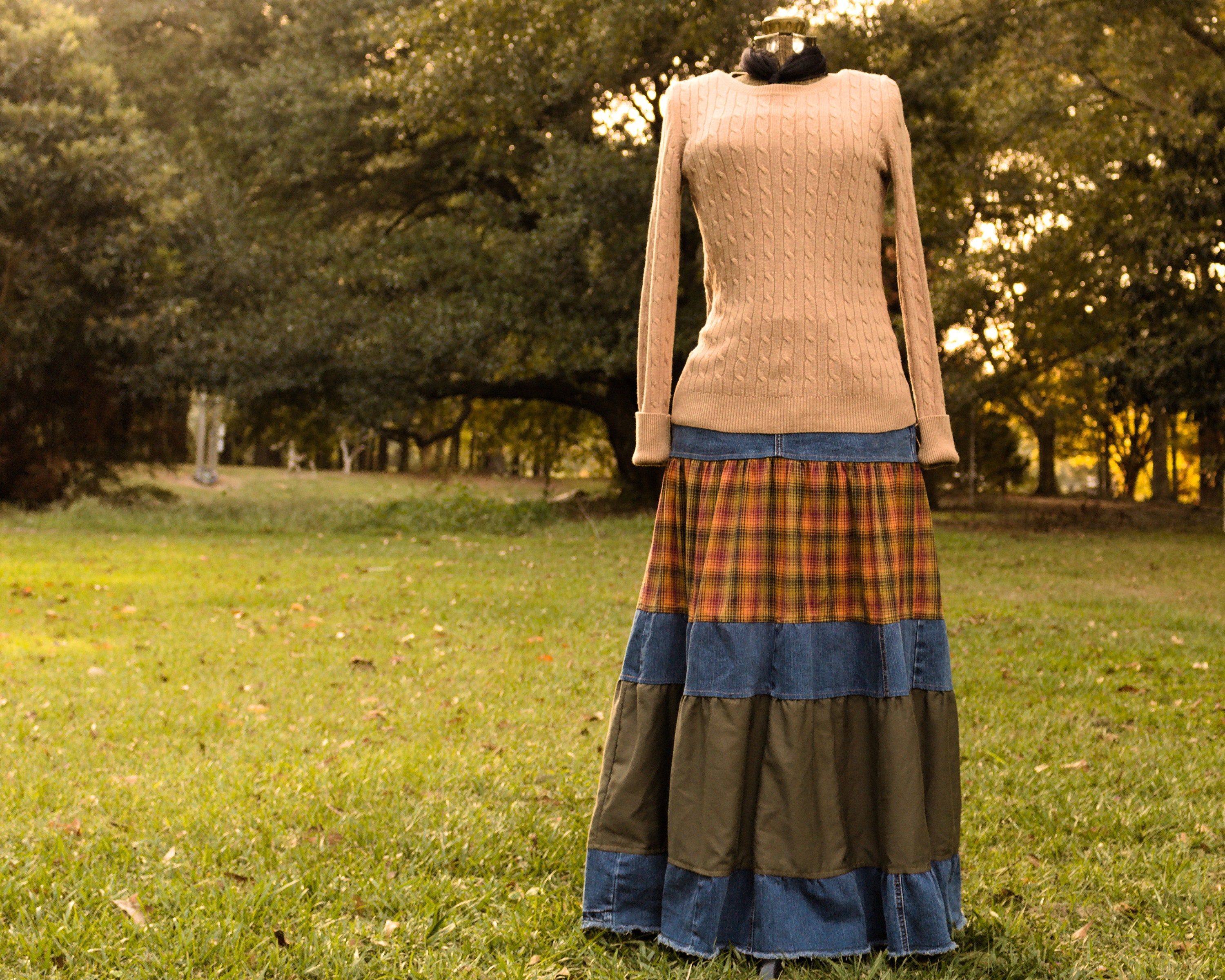 Upcycled Jean Tiered Skirt: Custom Made Boho Cotton Skirt