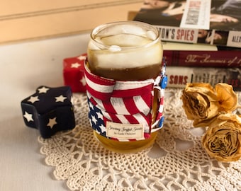 Red White and Blue Fabric Mug Cozy: Reusable Coffee Cup Sleeve