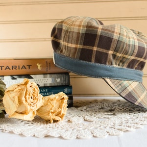 Brown and Green Plaid Baker Boy Hat for Women, Reversible Newsboy Hat, Captains Hat for Women
