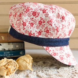 Denim and Red Baker Boy Hat for Women, Reversible Newsboy Hat, Captains Hat for Women