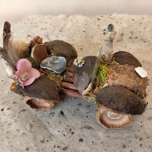 May include: A whimsical car made from natural materials, including wood, nutshells, moss, and a pink flower. The car has a feather antenna and a twig steering wheel.
