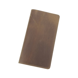 May include: A brown leather wallet, rectangular in shape. The wallet has a distressed finish, with variations in colour and texture. The edges are neatly stitched with a contrasting thread. The wallet is shown against a white background.