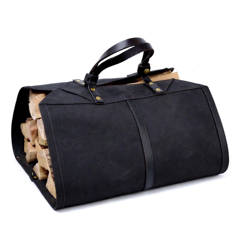 Firewood Carrier Bag Log Carrier Water Resistance Waxed Canvas Cowhide Leather Copper Snap Button Engrave Black