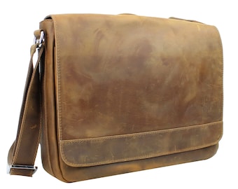 May include: A brown leather messenger bag with a long adjustable strap. The bag has a flap closure and a single pocket on the front.