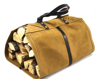 Firewood Carrier Bag Log Carrier Water Resistance Waxed Canvas Cowhide Leather Copper Snap Button Engrave