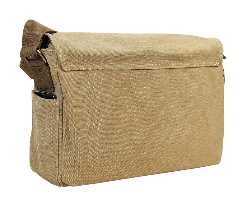 May include: A tan canvas messenger bag with a brown leather strap and a small pocket on the front.
