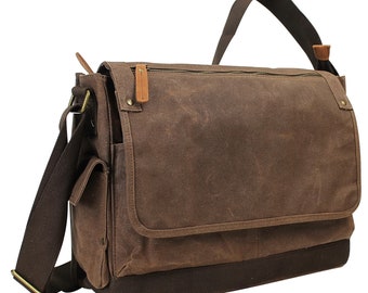 15.5" Vintage Cotton Wax Canvas Laptop Messenger Bag 15 in. Compartimento para computadora portátil C31LW-Book Bag Crossbody Bag Computer Bag Engrave Service