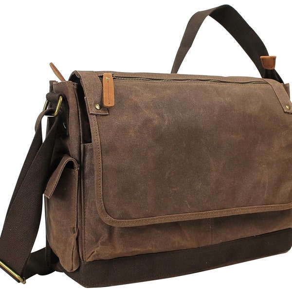 15,5" vintage Cotton Wax Canvas Laptop Messenger Bag 15 po. Compartiment pour ordinateur portable C31LW-Book Bag Sac bandoulière Sac d'ordinateur Service de gravure