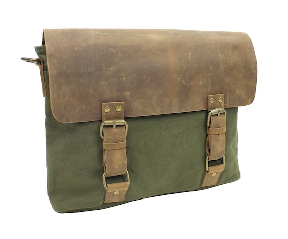 14 in Classic Canvas Bag Canvas Messenger Bag Cowhide Flap Over 