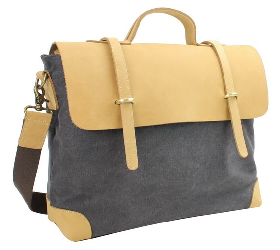 Vagarant Traveler 16 in Large Canvas Bag Cowhide Leather Cotton Canvas Messenger Bag C41 - Free Engrave