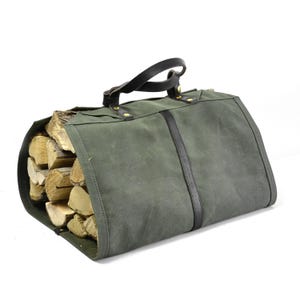 Firewood Carrier Bag Log Carrier Water Resistance Waxed Canvas Cowhide Leather Copper Snap Button Engrave Green