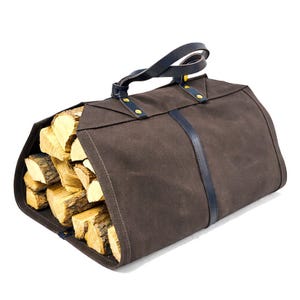 Firewood Carrier Bag Log Carrier Water Resistance Waxed Canvas Cowhide Leather Copper Snap Button Engrave Coffee