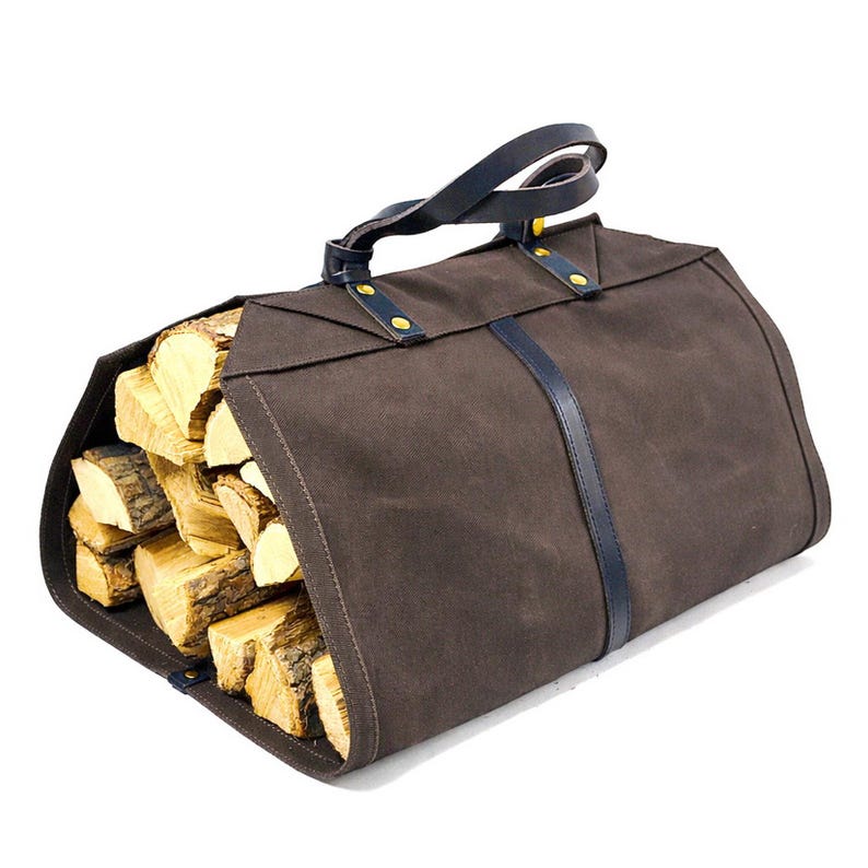 Firewood Carrier Bag Log Carrier Water Resistance Waxed Canvas Cowhide Leather Copper Snap Button Engrave Coffee