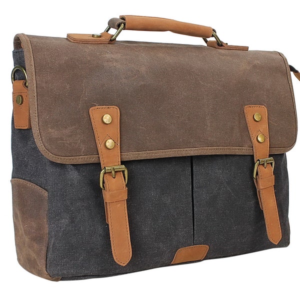 Vagarant  Vintage Cotton Wax Canvas Water Proof Laptop Messenger Bag with 15.5 in. Laptop Compartment CM19 - Free Engrave