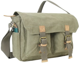 Vagarant Traveler Classic 15 in Roomy Cotton Canvas Messenger Bag C51 - Engrave