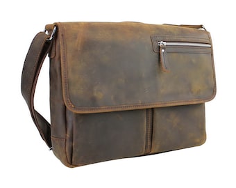 May include: A brown leather messenger bag with a distressed finish. The bag features a flap closure, a zippered pocket on the front, and an adjustable shoulder strap. The bag is rectangular and has a vintage look.
