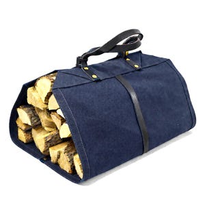 Firewood Carrier Bag Log Carrier Water Resistance Waxed Canvas Cowhide Leather Copper Snap Button Engrave Blue