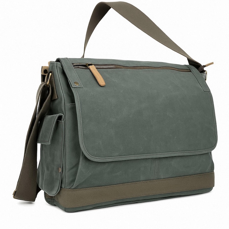 15.5" Vintage Cotton Wax Canvas Laptop Messenger Bag 15 in. Laptop Compartment C31LW-Book Bag Crossbody Bag Computer Bag Engrave Service Olive Green