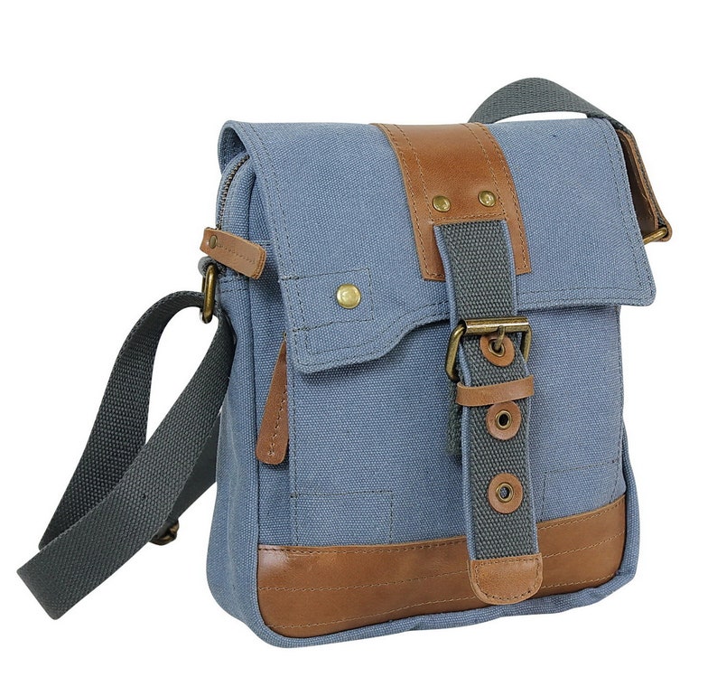 Vagarant Traveler 9 in. Tall Small Satchel Shoulder Bag C87 Engrave Blue Grey