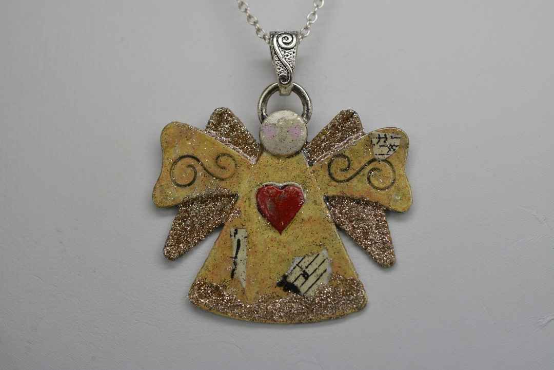 Christmas Angel Necklace, Large Angel Pendant Necklace, Hand Painted Angel Pendant Necklace 