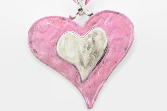 Heart Necklace Large Pendant Hand Painted - Large Double Heart Pendant Necklace Heart Necklace Large Pendant Hand Painted - Large Double Heart Pendant Necklace