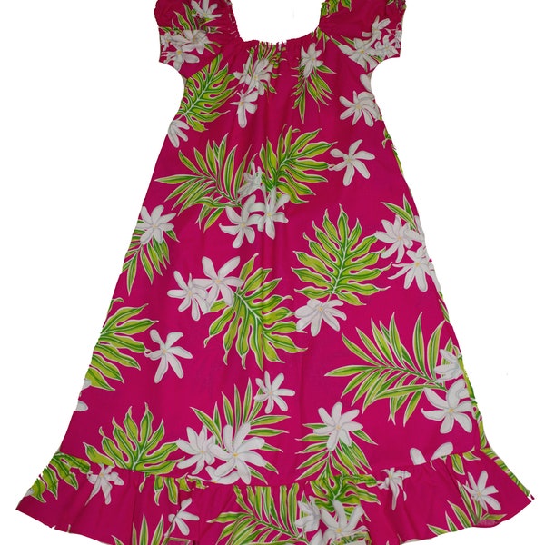 Girls Hawaii Style Long Muumuu Dress Hawaiian Tiare Flower. Made in Hawaii.