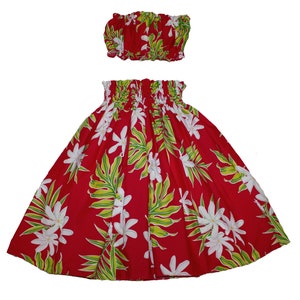 Hawaiian Print Young Girl Hula Skirts For 8 to 11 Years Old Girls Pa'u Hula Tiare Flower Skirts with Matching Top. Hand Made in Hawaii Red