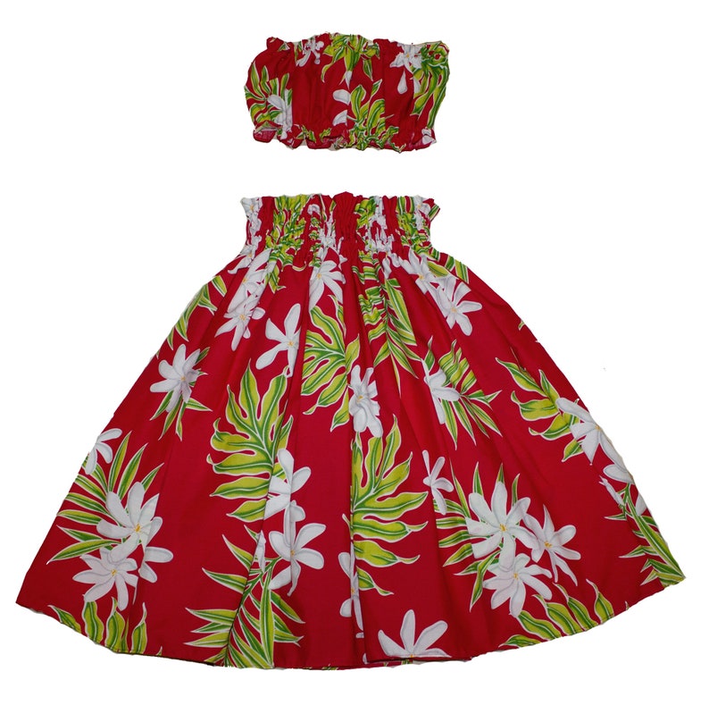 Hawaiian Print Young Girl Hula Skirts For 8 to 11 Years Old Girls Pa'u Hula Tiare Flower Skirts with Matching Top. Hand Made in Hawaii Red